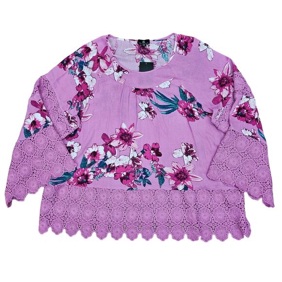 Curations Women's Plus Size Pink Floral Blouse Top Lace Embroidered Hem Size 1X - Picture 1 of 6